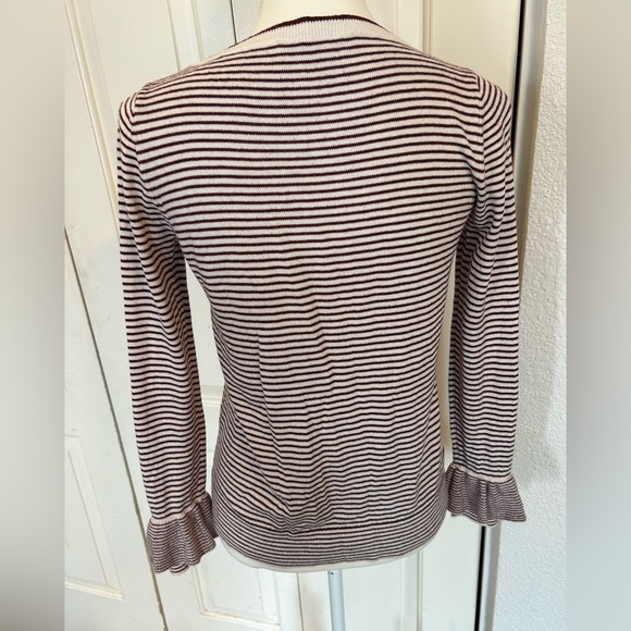 Loft Sweater Knit Striped Ruffle Cuff Cream Maroon Red Size Small Petite - Picture 4 of 8